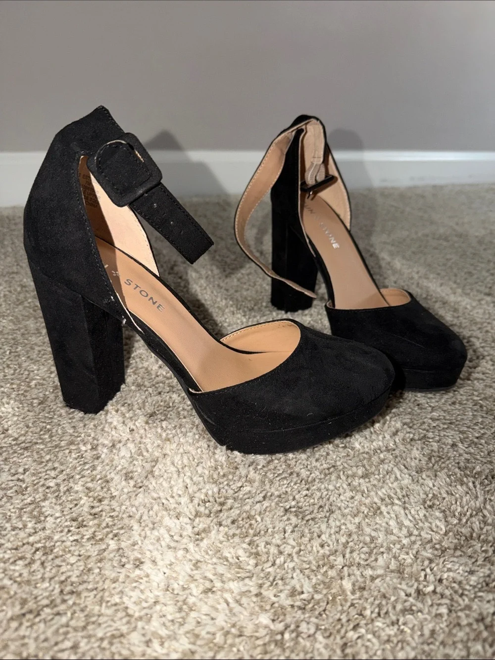 Sun + Stone Black Suede Platform Ankle-Strap Heels